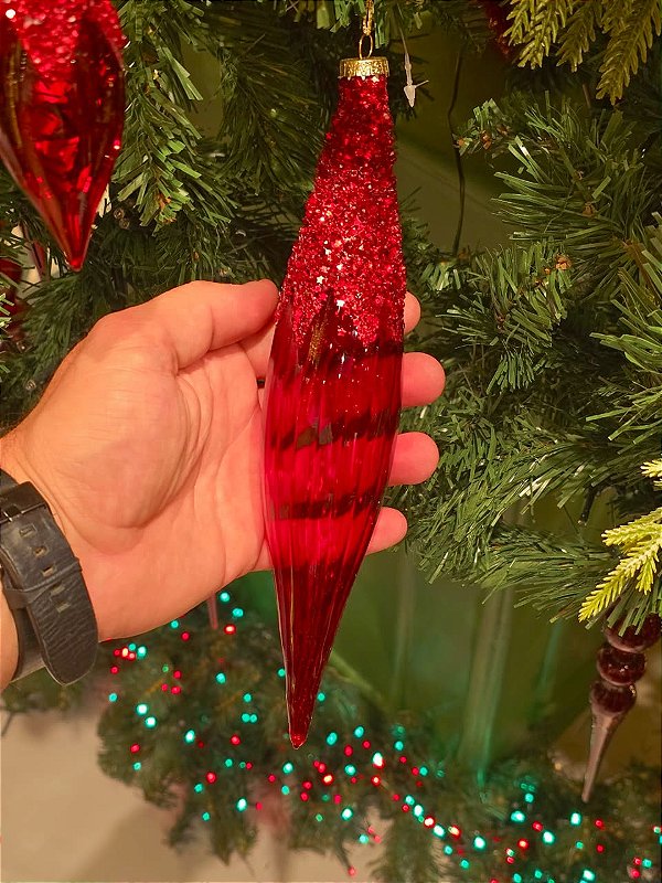 ORNAMENTO GOTA DE VIDRO VERMELHO TRANSPARENTE 25CM - PRÉ VENDA 2026
