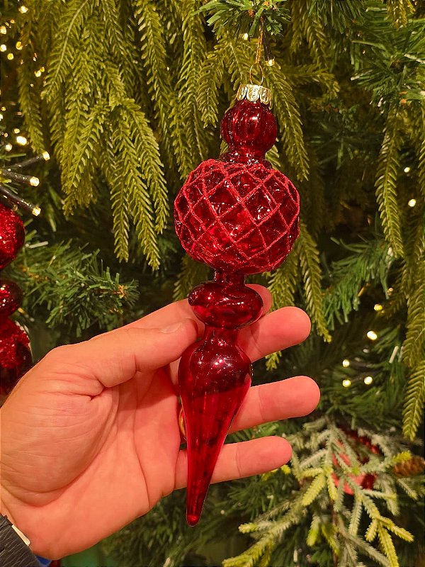 ORNAMENTO GOTA DE VIDRO VERMELHO TRANSPARENTE 22CM - PRÉ VENDA 2026