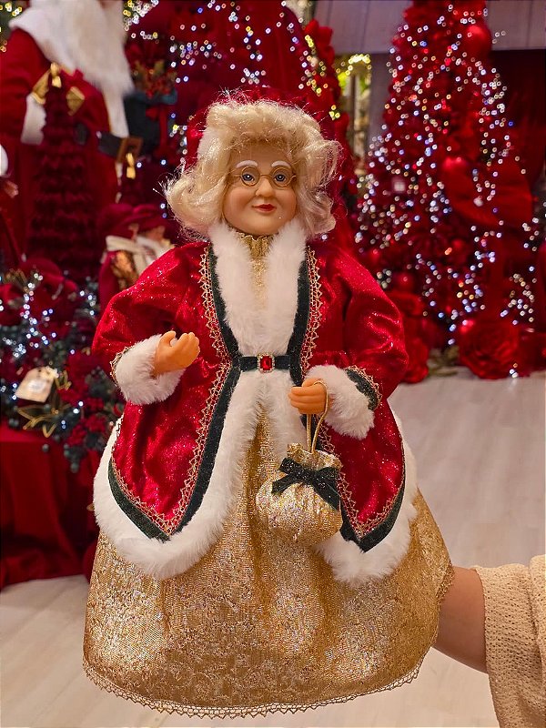 MAMÃE NOEL EM PÉ CLÁSSICA VERMELHA, VERDE E DOURADA 40CM - PRÉ VENDA 2026