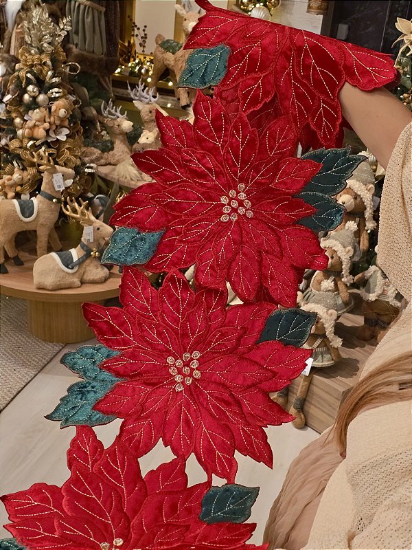 CAMINHO DE MESA BORDADO POINSETIA VERMELHA 1,80CM - PRÉ VENDA 2026