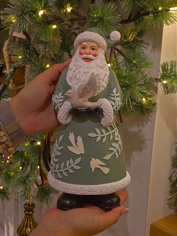 PAPAI NOEL EM RESINA VERDE MINT COM POMBO 26CM - PRÉ VENDA 2026
