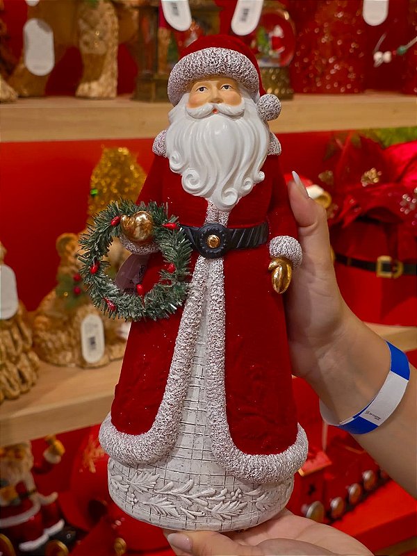 PAPAI NOEL EM RESINA VELUDO VERMELHO COM GUIRLANDA 29CM - PRÉ VENDA 2026