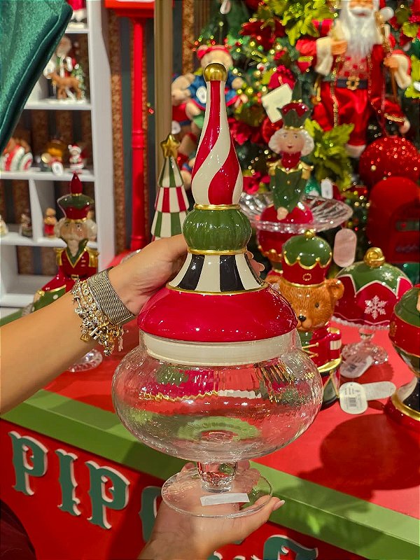 POTE DE VIDRO COM TAMPA TORRE EM CERÂMICA 42CM - PRÉ VENDA 2026