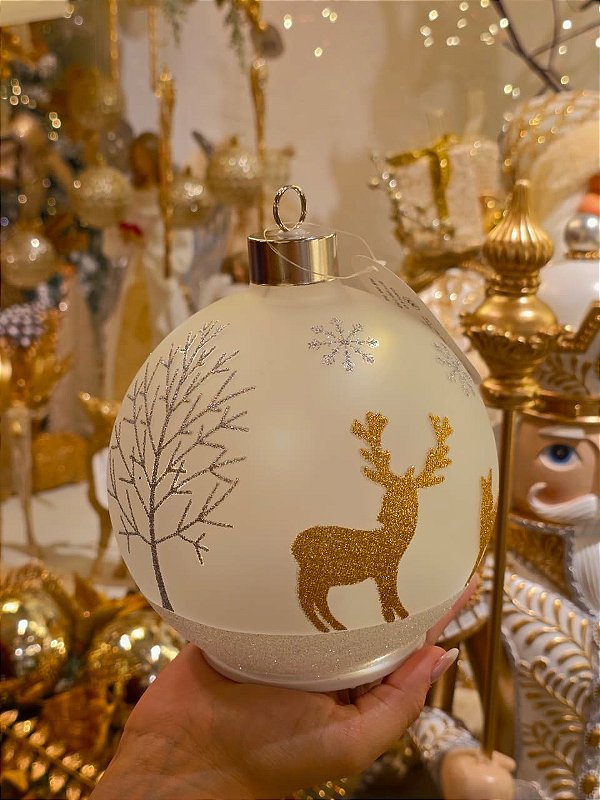 BOLA BRANCA DE VIDRO RENAS COM LED E MOVIMENTO 18CM - PRÉ VENDA 2026