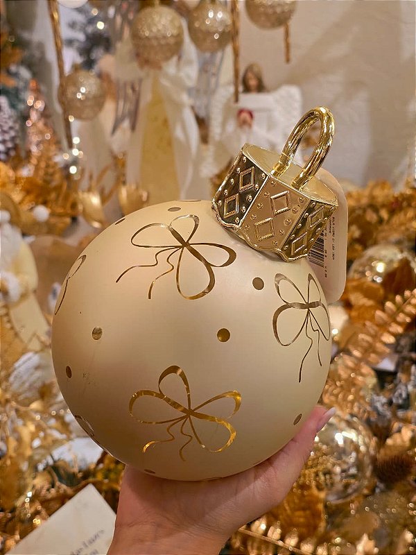 BOLA CHAMPANHE EM VIDRO LAÇOS COM LED 15CM - PRÉ VENDA 2026