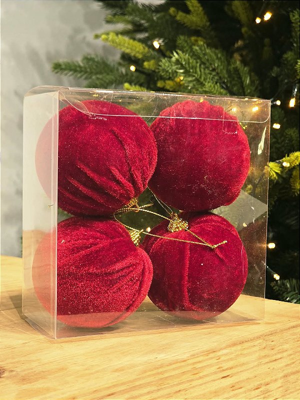 BOLA VELUDO VERMELHA 8CM COM 4 UNIDADES