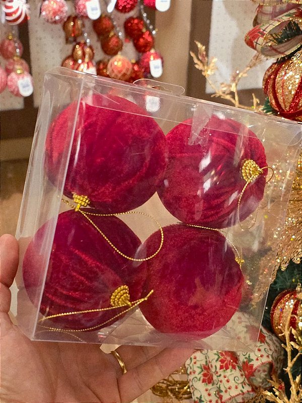 BOLA VELUDO VERMELHA 8CM COM 4 UNIDS - PRÉ VENDA 2026