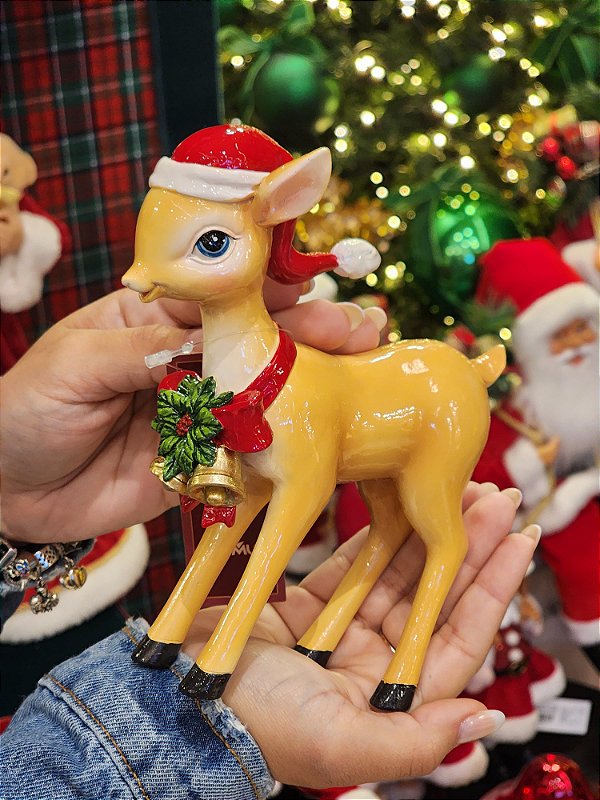 RENA EM PÉ GUIRLANDA COM SINOS RESINA PREMIUM 16CM - PRÉ VENDA 2026