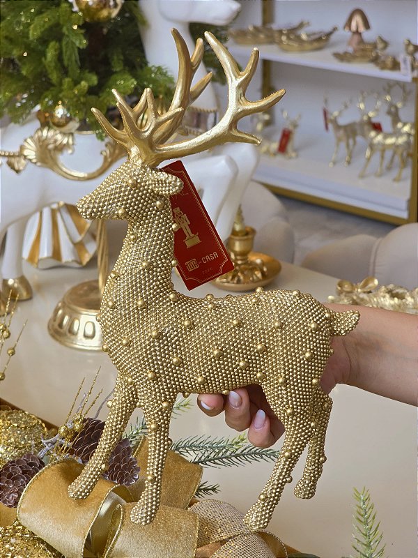 RENA EM PÉ COM BOLINHAS DOURADA RESINA 32CM - PRÉ VENDA 2026