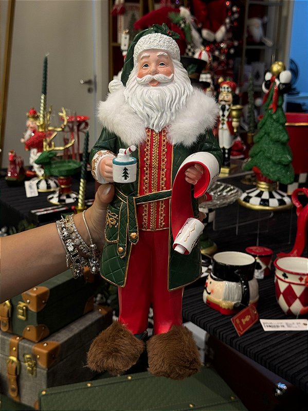 PAPAI NOEL EM RESINA COM LISTA DE NOMES E PANTUFA 38CM - PRÉ VENDA 2026