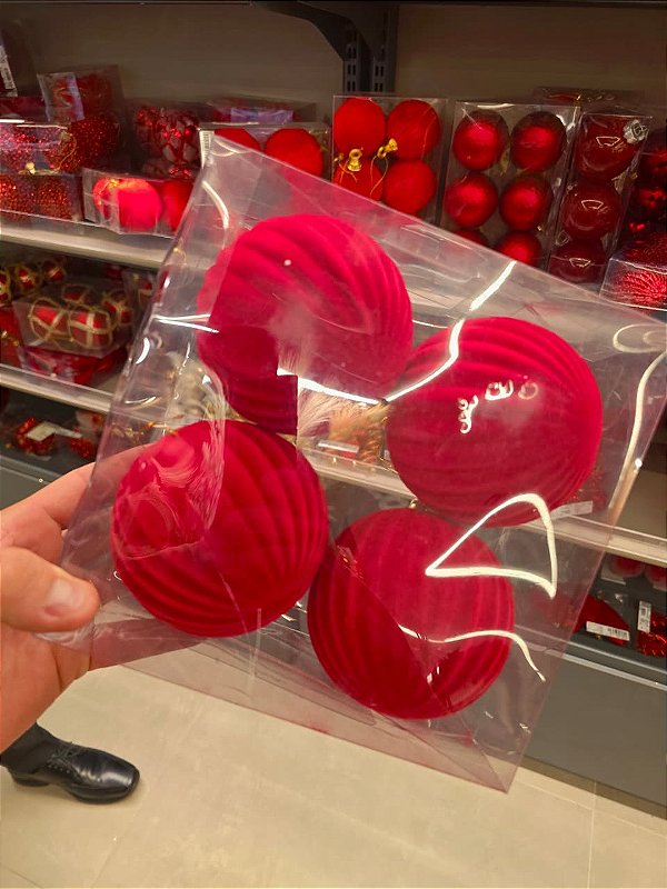 BOLA VELUDO VERMELHA RELEVO 10CM COM 4 UNIDADES - PRÉ VENDA 2026