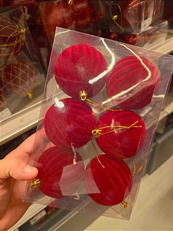 BOLA VELUDO VERMELHA RELEVO 8CM COM 6 UNIDADES - PRÉ VENDA 2026