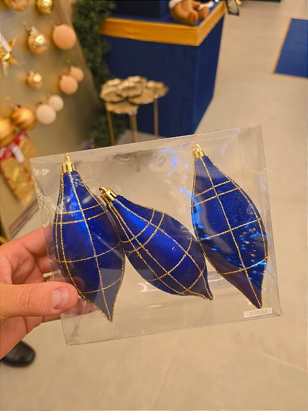 ORNAMENTO PINO AZUL COM GLITER DOURADO 16CM COM 3 UNIDADES - PRÉ VENDA 2026