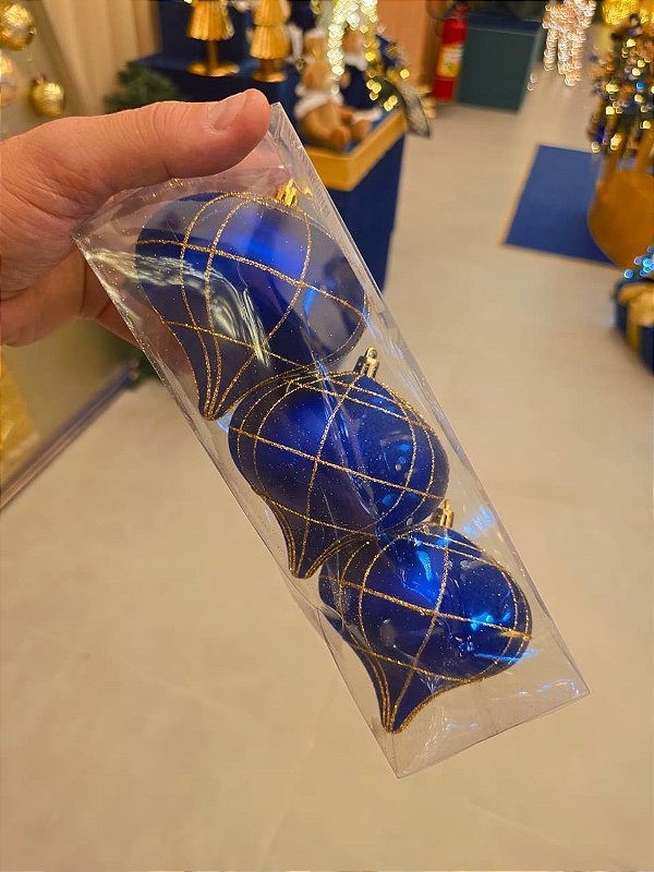 ORNAMENTO PINO AZUL COM GLITER DOURADO 10CM COM 3 UNIDADES - PRÉ VENDA 2026