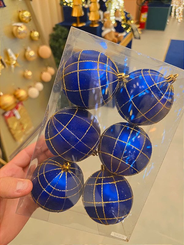 BOLA AZUL COM GLITER DOURADO 8CM COM 6 UNIDADES - PRÉ VENDA 2026