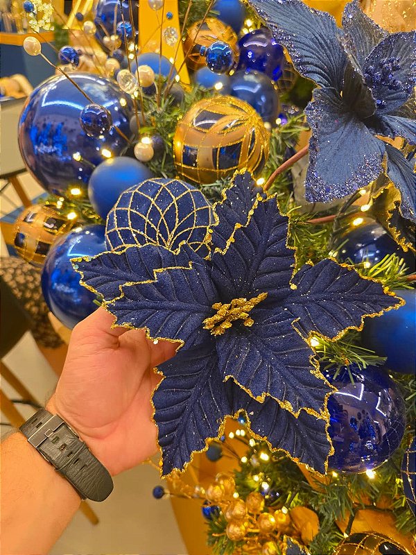 FLOR POINSETIA AZUL COM GLITER DOURADO 30CM - PRÉ VENDA 2026