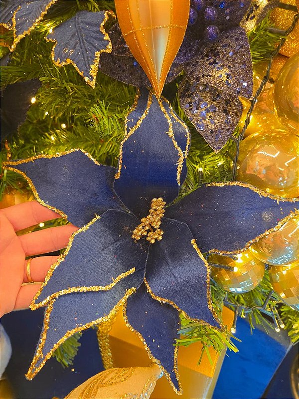 FLOR POINSETIA AZUL COM GLITER DOURADO 35CM - PRÉ VENDA 2026