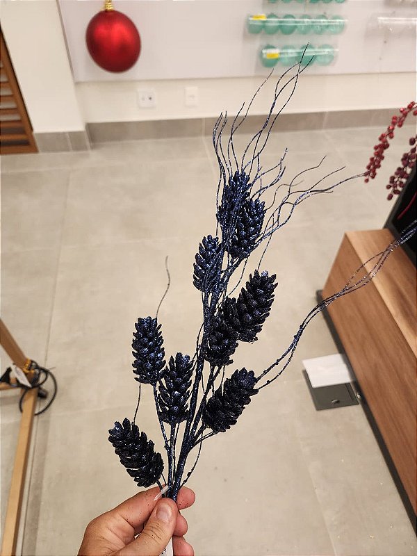 GALHO PINHAS AZUL COM GLITTER 76CM - PRÉ VENDA 2026