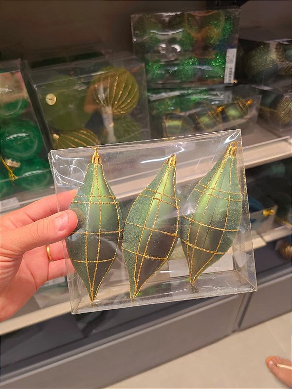 ORNAMENTO PINO VERDE COM GLITER DOURADO 16CM COM 3 UNIDADES - PRÉ VENDA 2026