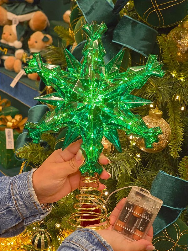 TOPO PARA ÁRVORE FLOCO DE NEVE VERDE COM LED 31,5CM - PRÉ VENDA 2026