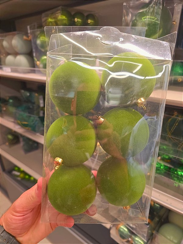 BOLA VERDE VELUDO FLOCADA 8CM COM 6 UNIDADES - PRÉ VENDA 2026