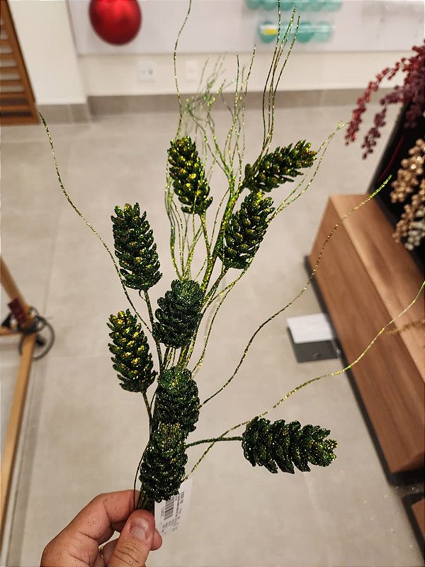 GALHO VERDE PINHAS COM GLITTER 76CM - PRÉ VENDA 2026