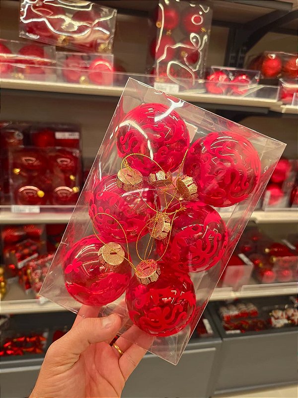 BOLA VERMELHA TRABALHADA EM ARABESCOS VELUDO 8CM COM 6 UNIDADES - PRÉ VENDA 2026