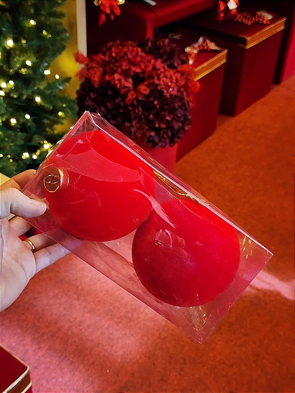 BOLA VERMELHA VELUDO FLOCADA 12CM COM 2 UNIDADES - PRÉ VENDA 2026