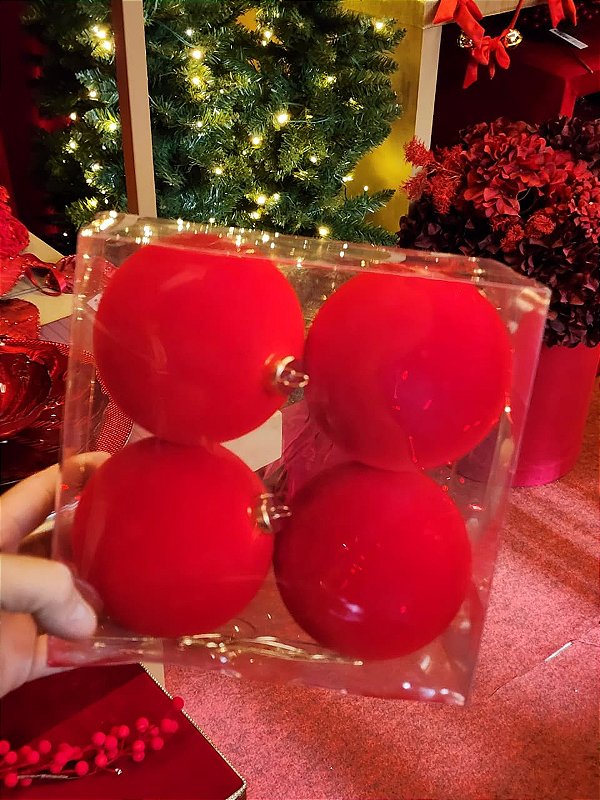 BOLA VERMELHA VELUDO FLOCADA 10CM COM 4 UNIDADES - PRÉ VENDA 2026