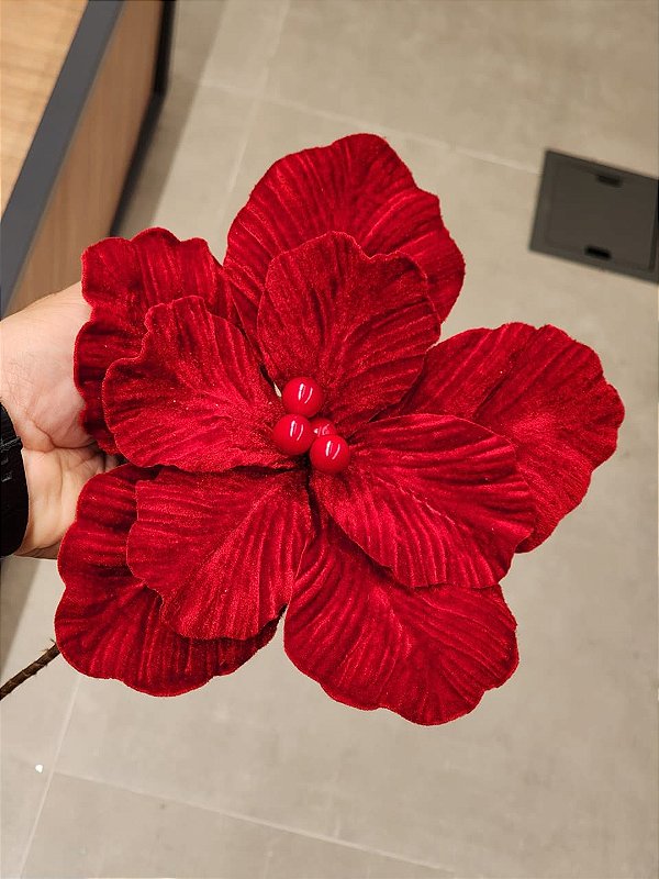 FLOR POINSETIA VERMELHA VELUDO 25CM - PRÉ VENDA 2026