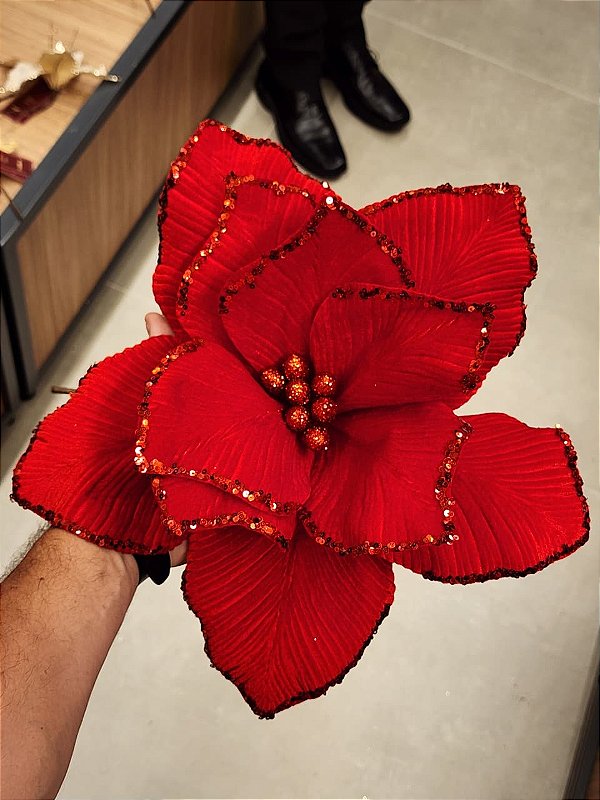 FLOR POINSETIA VERMELHA VELUDO COM BORDA GLITTER 25CM - PRÉ VENDA 2026