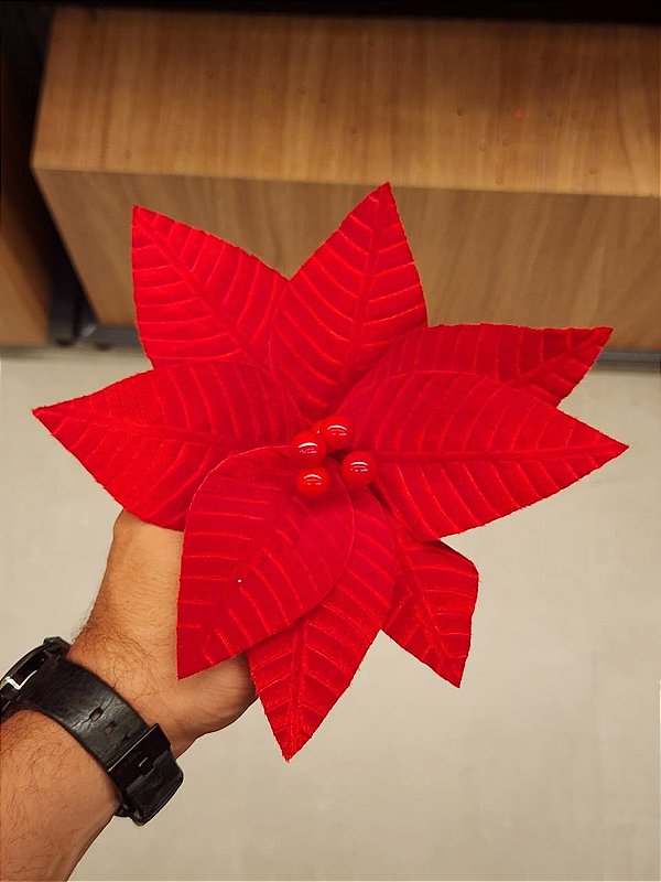 FLOR POINSETIA VERMELHA VELUDO COM BERRY 25CM - PRÉ VENDA 2026