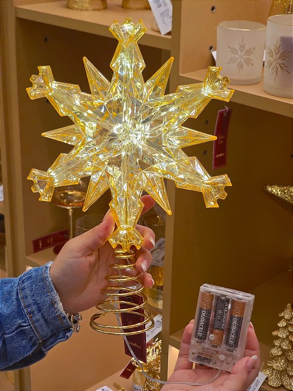 TOPO PARA ÁRVORE FLOCO DE NEVE DOURADA COM LED 31,5CM - PRÉ VENDA 2026