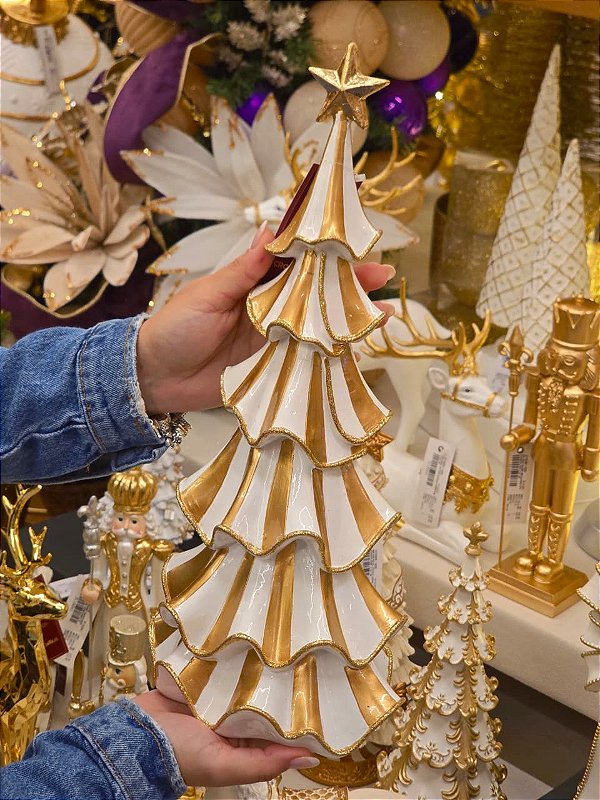 ÁRVORE LISTRAS BRANCA COM DOURADA EM RESINA 39CM - PRÉ VENDA 2026