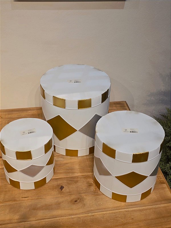 TRIO DE TAMBOR EM METAL DECORADO BRANCO, PRATA E DOURADO