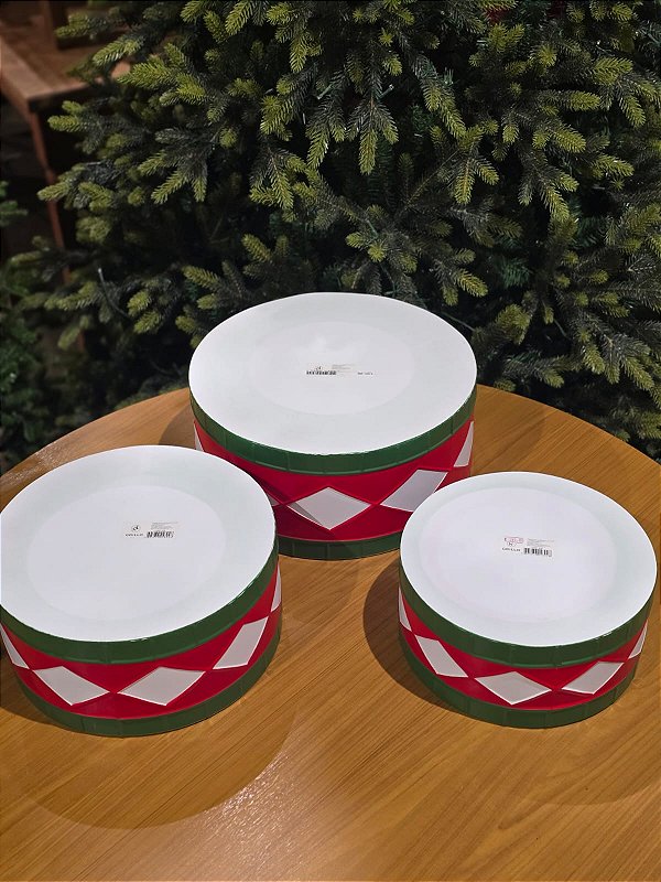 TRIO DE TAMBOR EM METAL DECORADO BRANCO, VERMELHO E VERDE