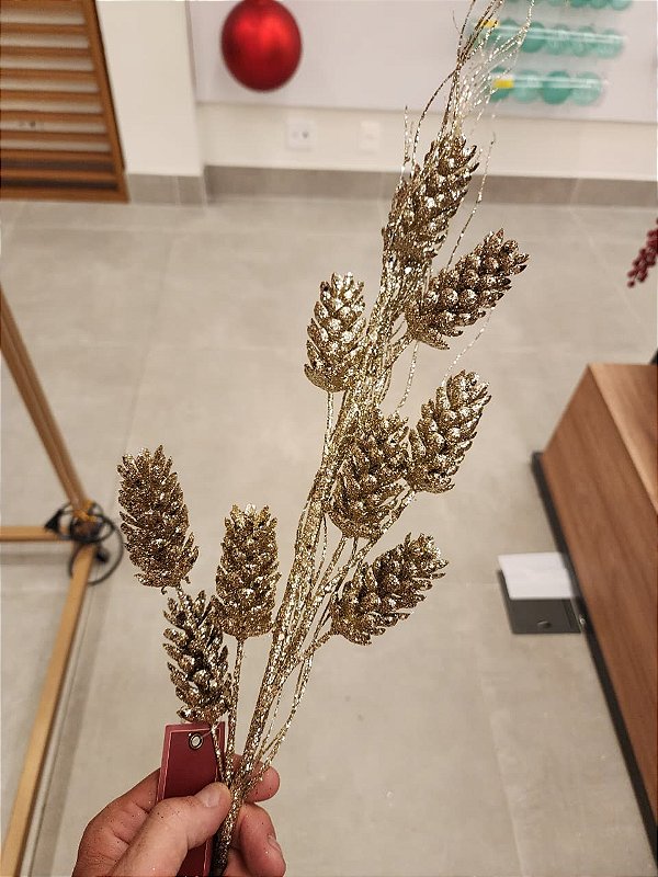 GALHO COM PINHAS CHAMPANHE COM GLITTER 76CM - PRÉ VENDA 2026