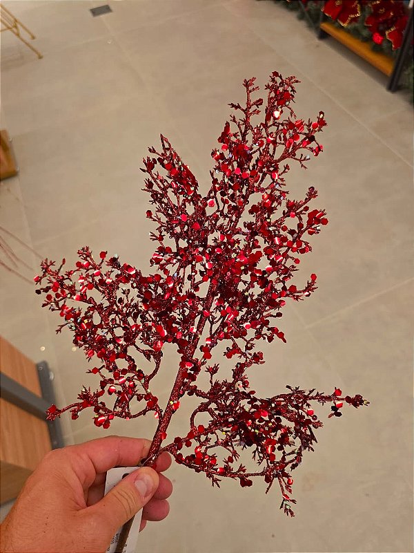 GALHO COM FOLHAGENS METALIZADA VERMELHA 54CM - PRÉ VENDA 2026