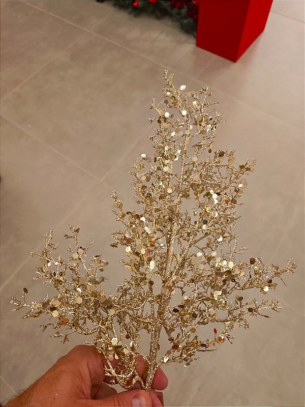 GALHO COM FOLHAGENS METALIZADA CHAMPANHE 54CM - PRÉ VENDA 2026