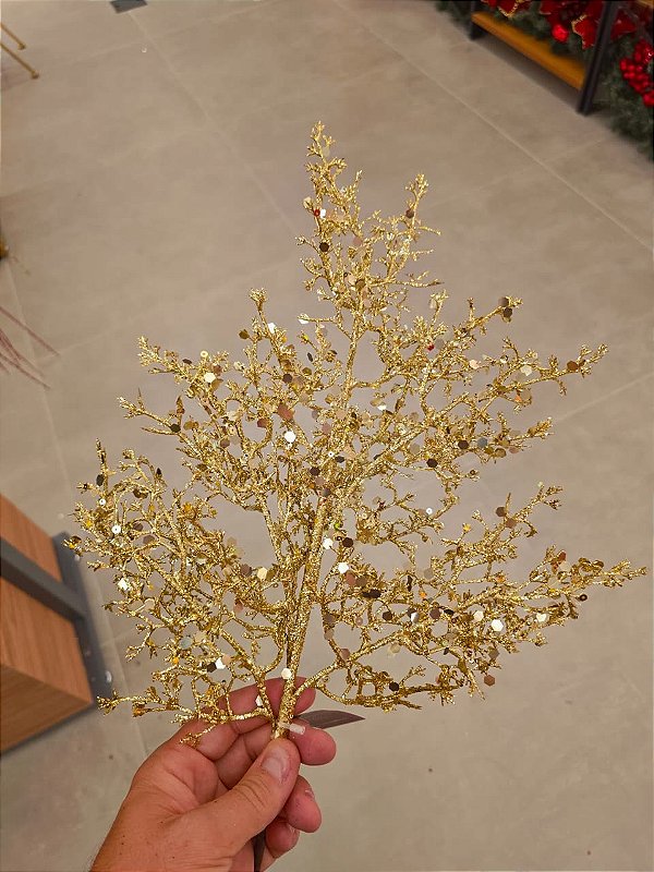GALHO COM FOLHAGENS METALIZADA DOURADA 54CM - PRÉ VENDA 2026