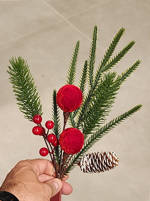 GALHO DECORATIVO BERRY E PINHA E BOLA VELUDO 45CM - PRÉ VENDA 2026