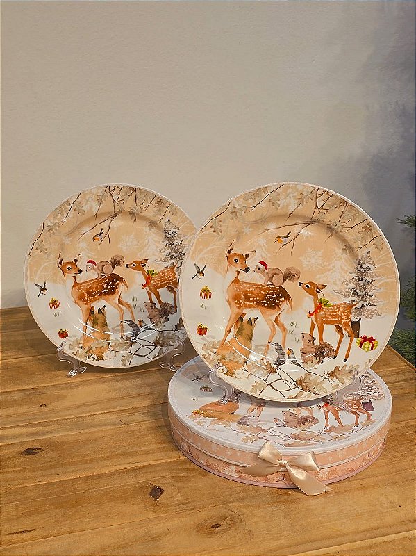 DUPLA DE PRATOS PRATO DECORADO RENAS 25CM COM CAIXA DE PRESENTE