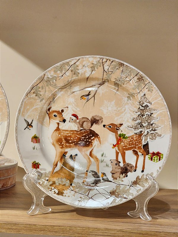 DUPLA DE PRATOS PRATO DECORADO RENAS 25CM COM CAIXA DE PRESENTE - PRÉ VENDA 2026