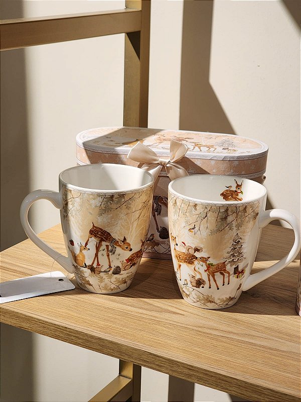 DUPLA DE CANECAS DECORADA RENAS 300ML COM CAIXA DE PRESENTE - PRÉ VENDA 2026