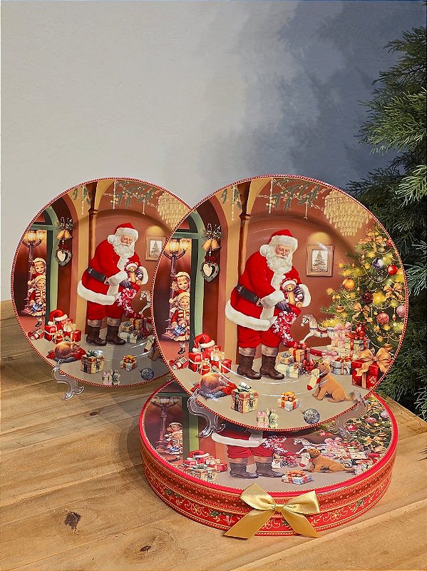 DUPLA DE PRATO 25CM DECORADO PAPAI NOEL COM CAIXA DE PRESENTE