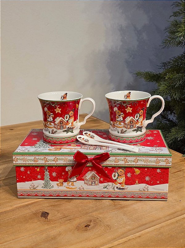 DUPLA DE CANECAS DECORADA GINGERBREAD COM COLHERES 280ML COM CAIXA DE PRESENTE