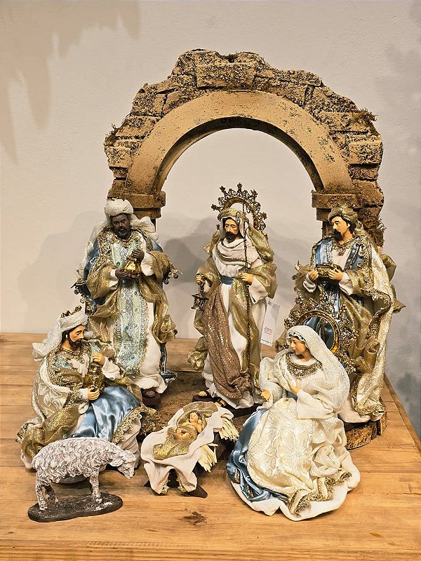 PRESÉPIO DE LUXO COM PORTAL LUXO LINHA SACRA AZUL 30CM COM 6 PEÇAS