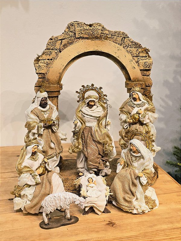 PRESÉPIO DE LUXO COM PORTAL LUXO LINHA SACRA BEGE 30CM COM 6 PEÇAS