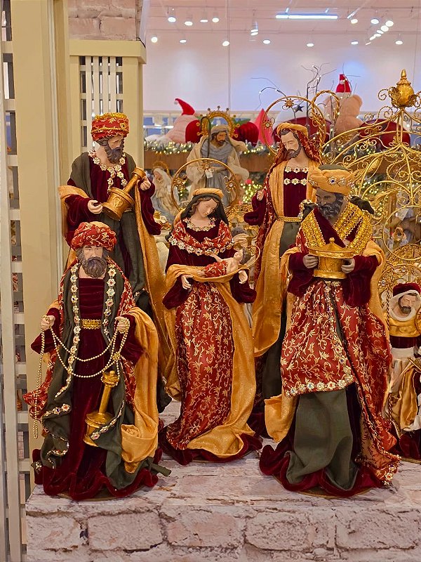 PRESÉPIO DE LUXO LINHA SACRA VERMELHO E VERDE 62CM COM 6 PEÇAS - PRÉ VENDA 2026