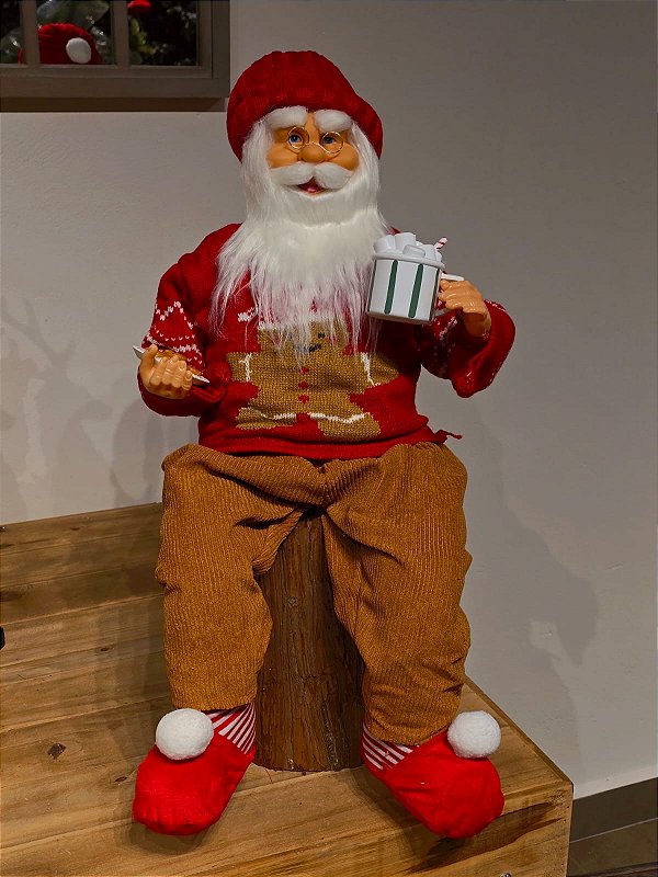 PAPAI NOEL SENTADO COM SUETER DE GINGERBREAD 60CM